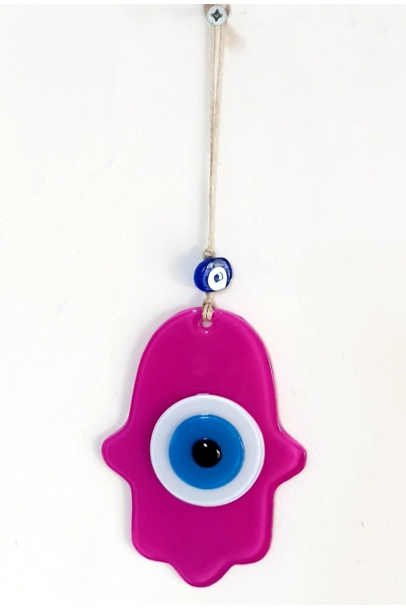 Nazar Beaded Fuchsia Color Hand Shaped Glass Wall Ornament - TryAladdin