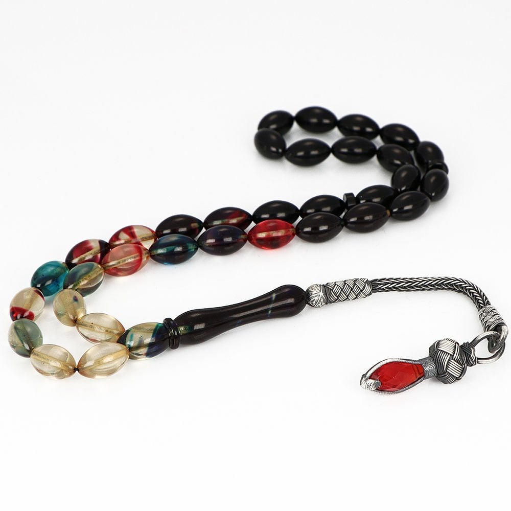 Tesbihevim | Amber Tasbih in Multi Colors with Silver Kazaz Tassel - TryAladdin