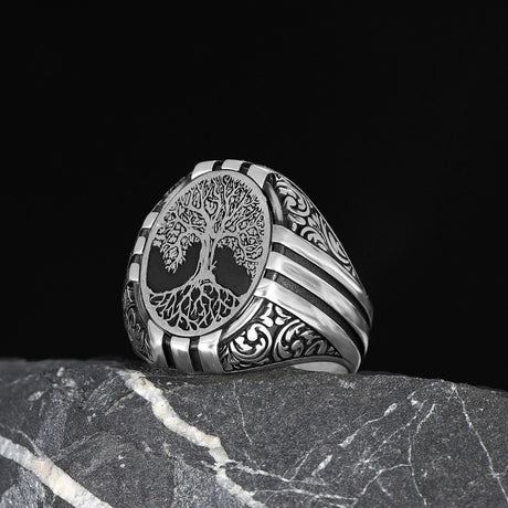 Tesbihevim | Men's Silver Ring with Tree of Life Symbol Pattern - TryAladdin