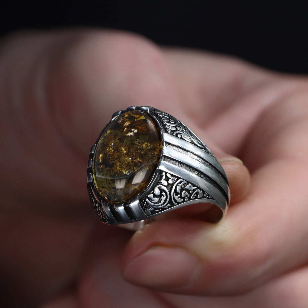 Tesbihevim | Men's Silver Ring with Fossil Drop Amber Stone - TryAladdin