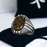 Tesbihevim | Men's Silver Ring with Fossil Drop Amber Stone - TryAladdin