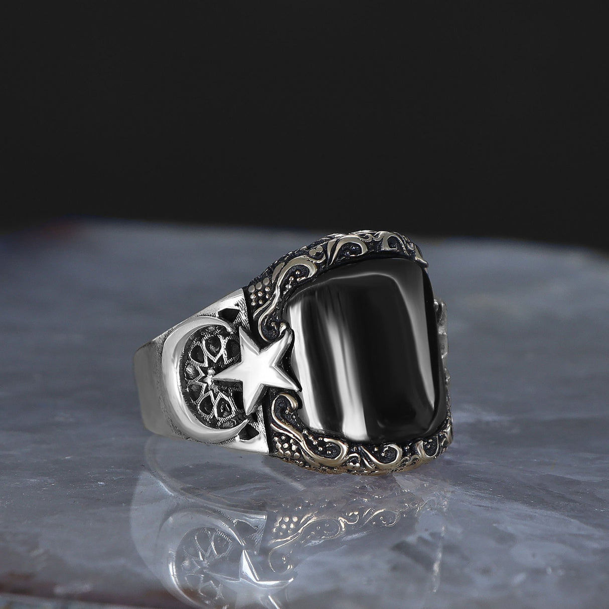 Tesbihevim | Men's Silver Onyx Stone Crescent Model Men's Silver Ring - TryAladdin