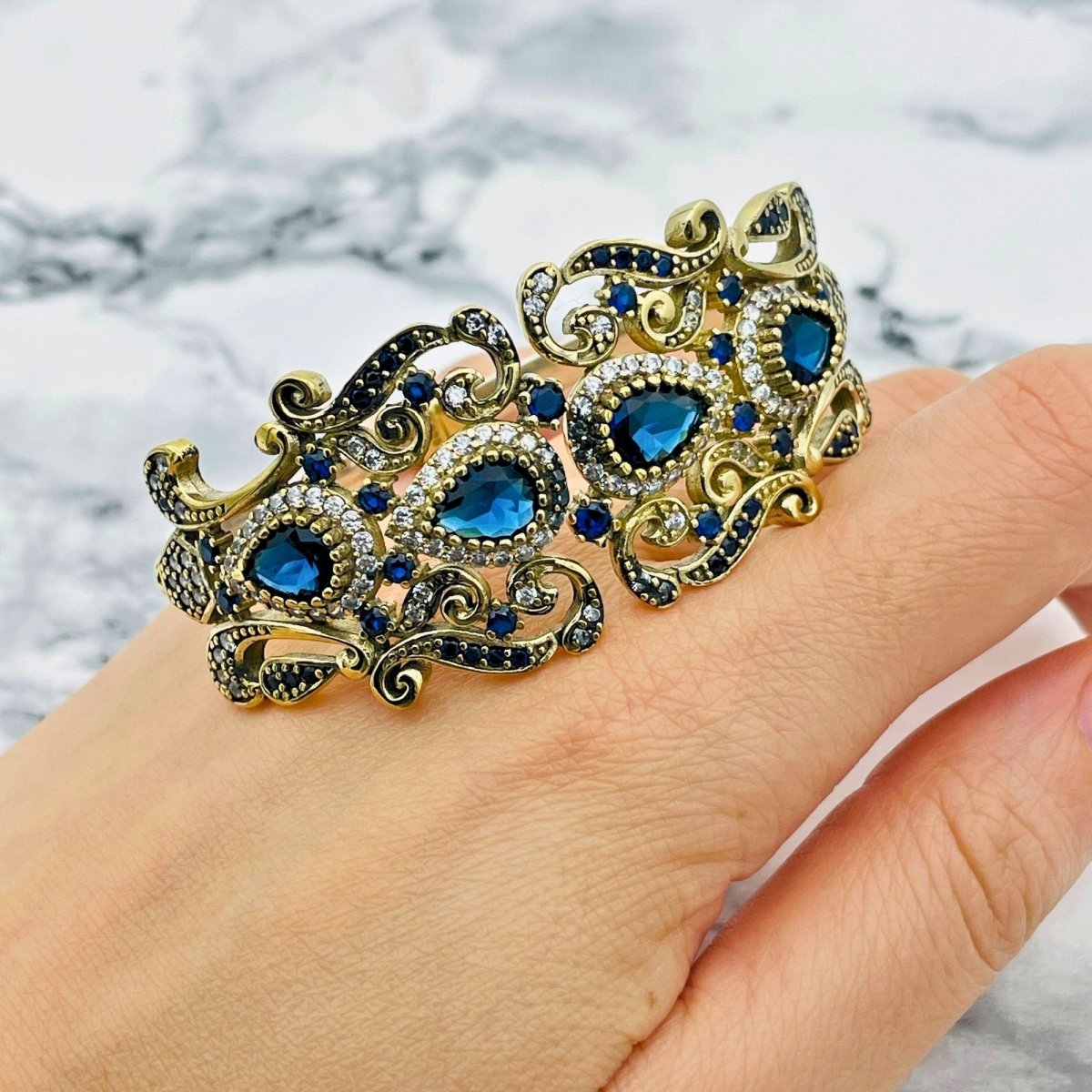 Istanbul Jewelry | Sapphire Ottoman Style Adjustable Cuff Handmade Silver Bracelet - TryAladdin