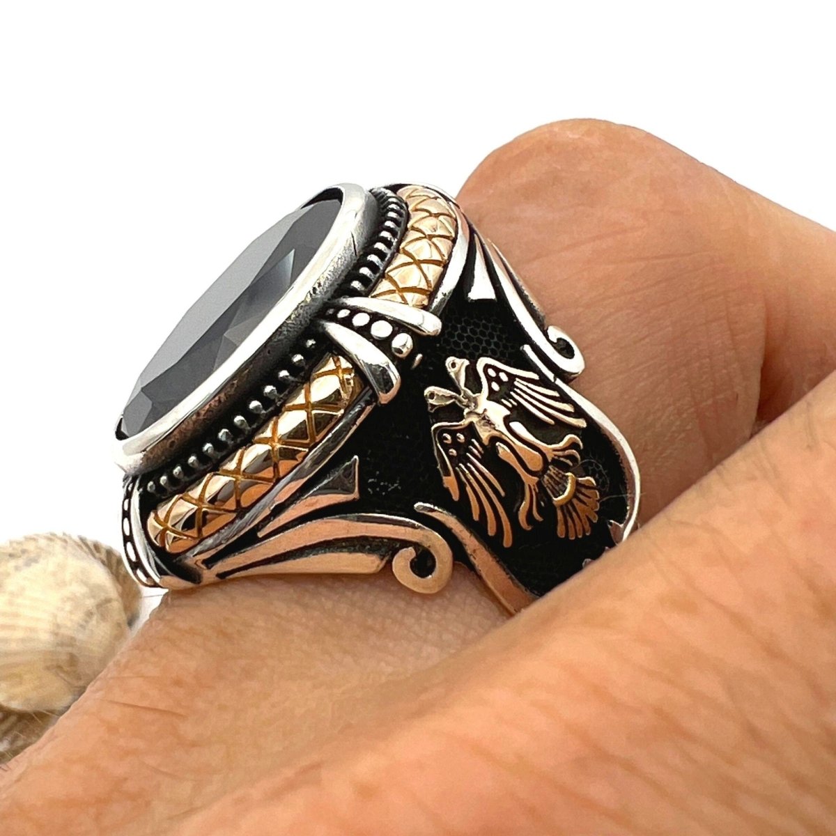 Black Onyx Stone Double Headed Eagle Silver Ring - TryAladdin