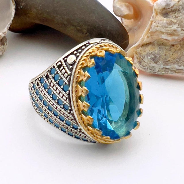 Blue Oval Aquamarine Stone Men's Ring - TryAladdin