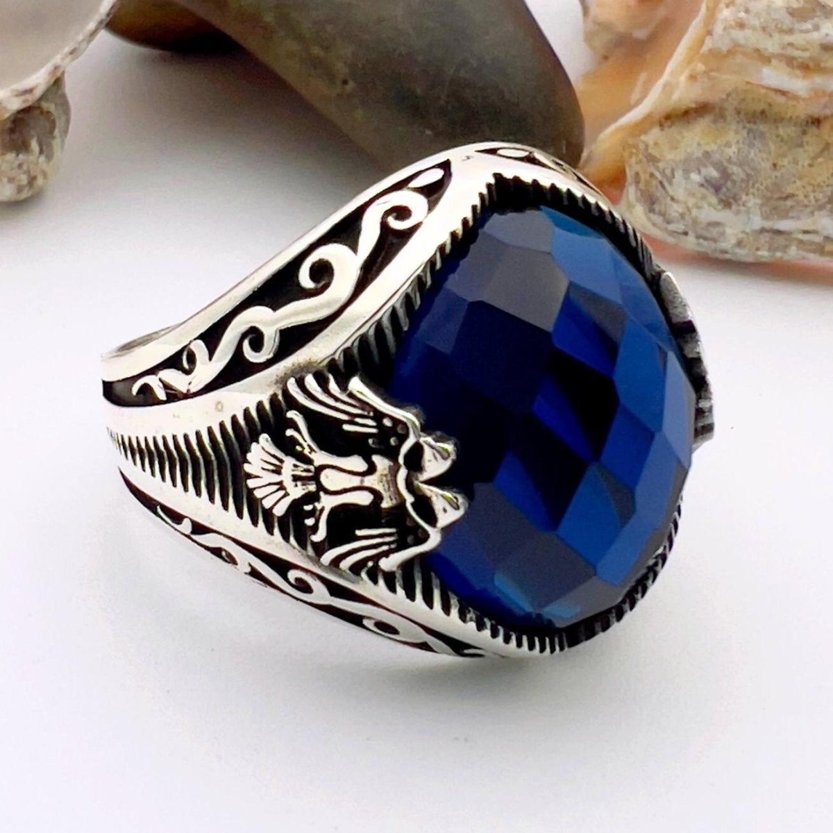 Blue Sapphire Double Headed Eagle Men's Ring - TryAladdin