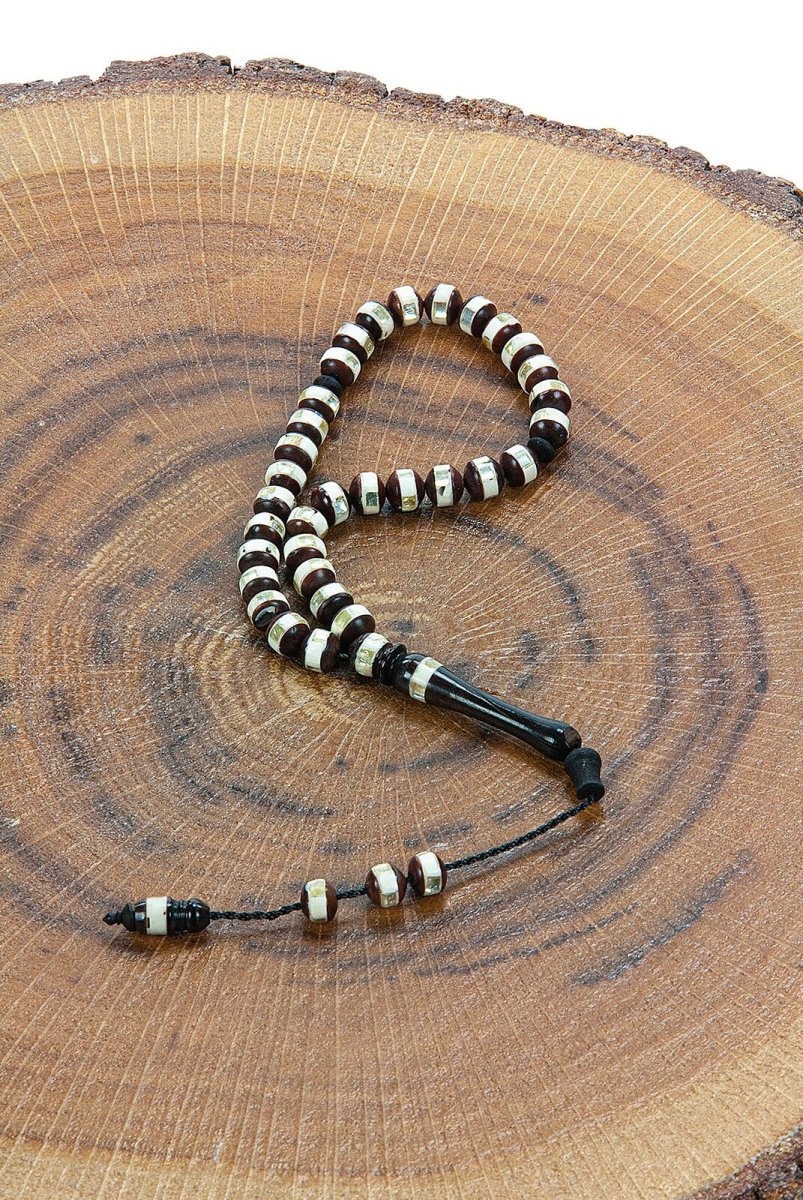 Brown and White Embroidered Kuka Wood Tasbih with 33 Beads - TryAladdin