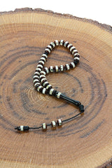 Brown and White Embroidered Kuka Wood Tasbih with 33 Beads - TryAladdin