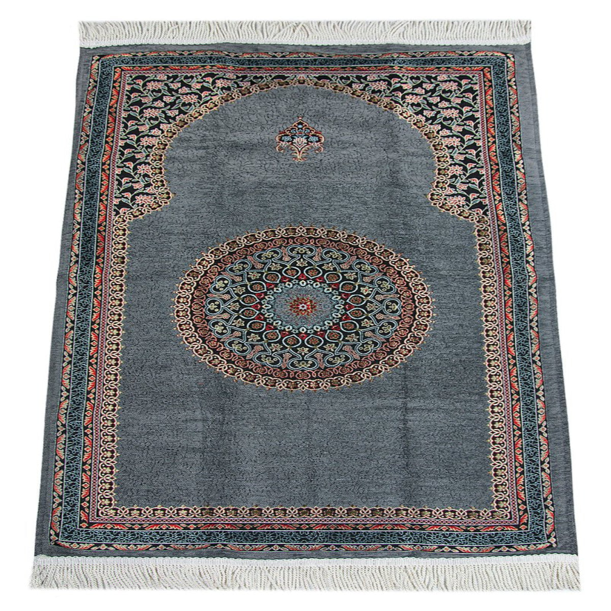 Gray Traditional Motif Knitted Fringed Mihrab Lined Chenille Prayer Rug - TryAladdin