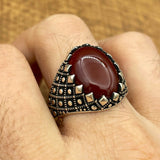 Handmade Silver Men's Oval Red Agate Ring - TryAladdin