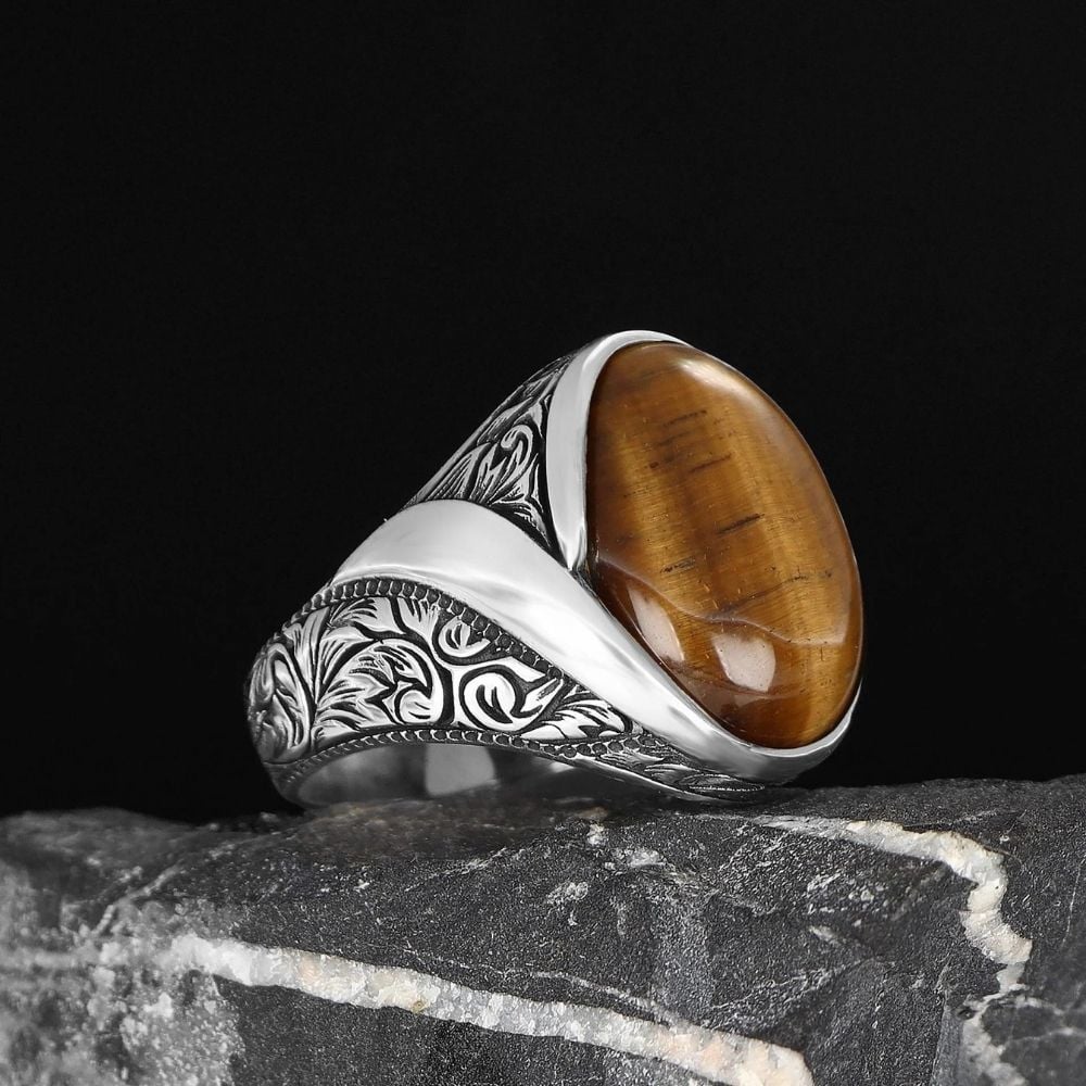 Tesbihevim | Men's Silver Ring with Tiger's Eye Stone - TryAladdin