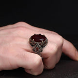 Tesbihevim | Men's Silver Ring with Red Zircon Stone - TryAladdin