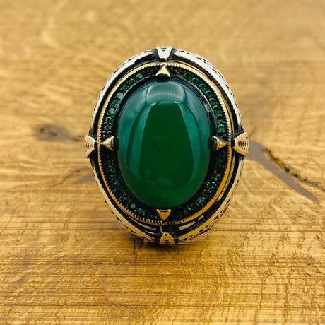 Men Natural Green Gemstone Silver Ring - TryAladdin