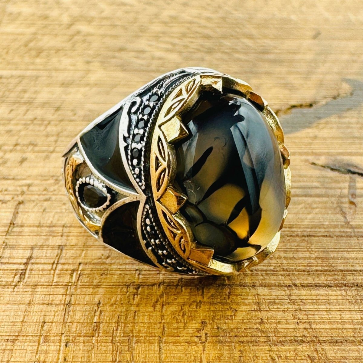 Men’s Black - Brown Agate Vintage Ring - TryAladdin