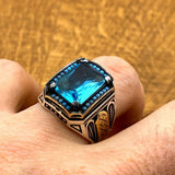 Men's Blue Aquamarine Silver Ring - TryAladdin