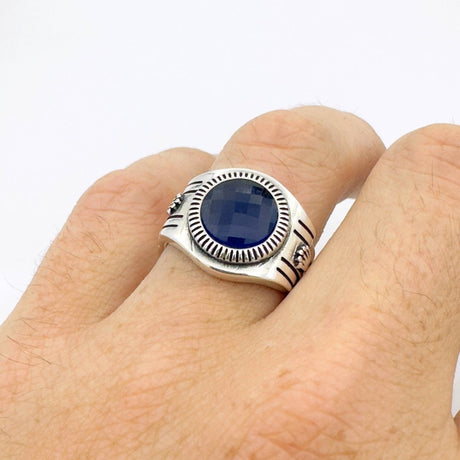 Men's Blue Sapphire Silver Ring - TryAladdin