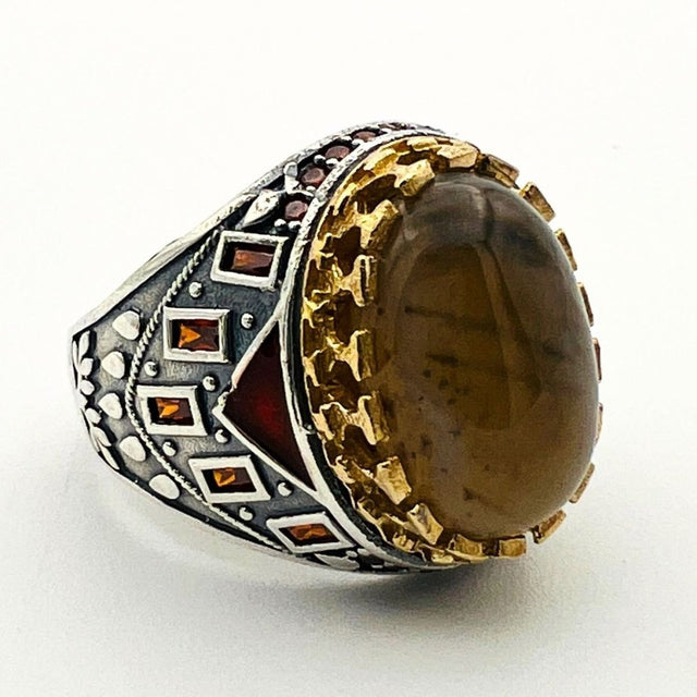 Men's Brown Agate Silver Ring - TryAladdin