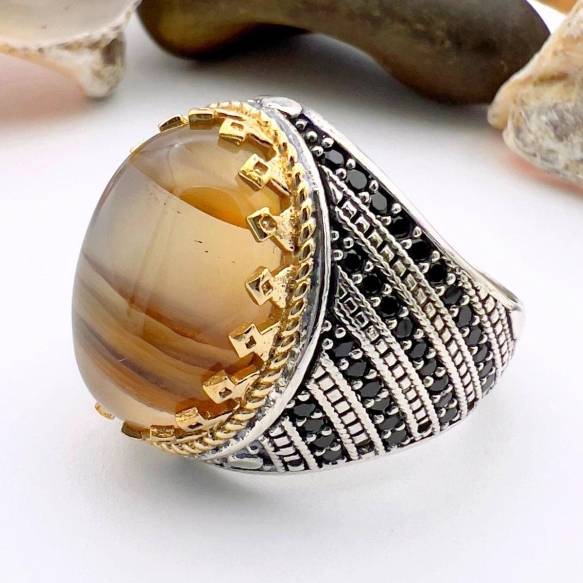 Men's Brown Agate Stone Silver Ring - TryAladdin