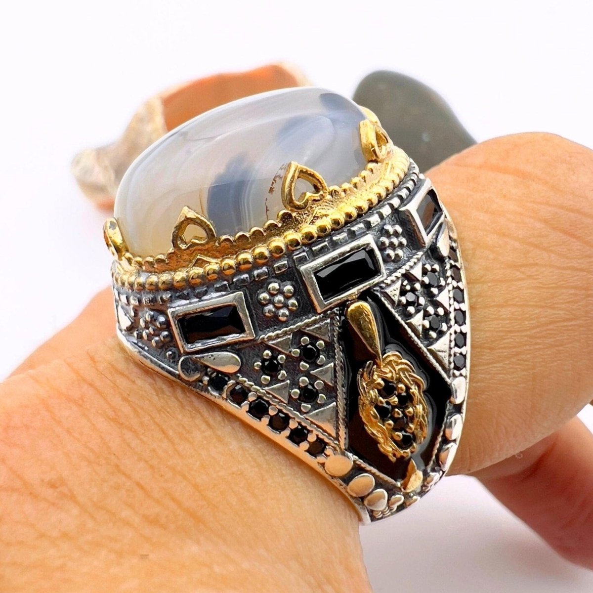 Men's Brown Agate Stone Silver Ring - TryAladdin