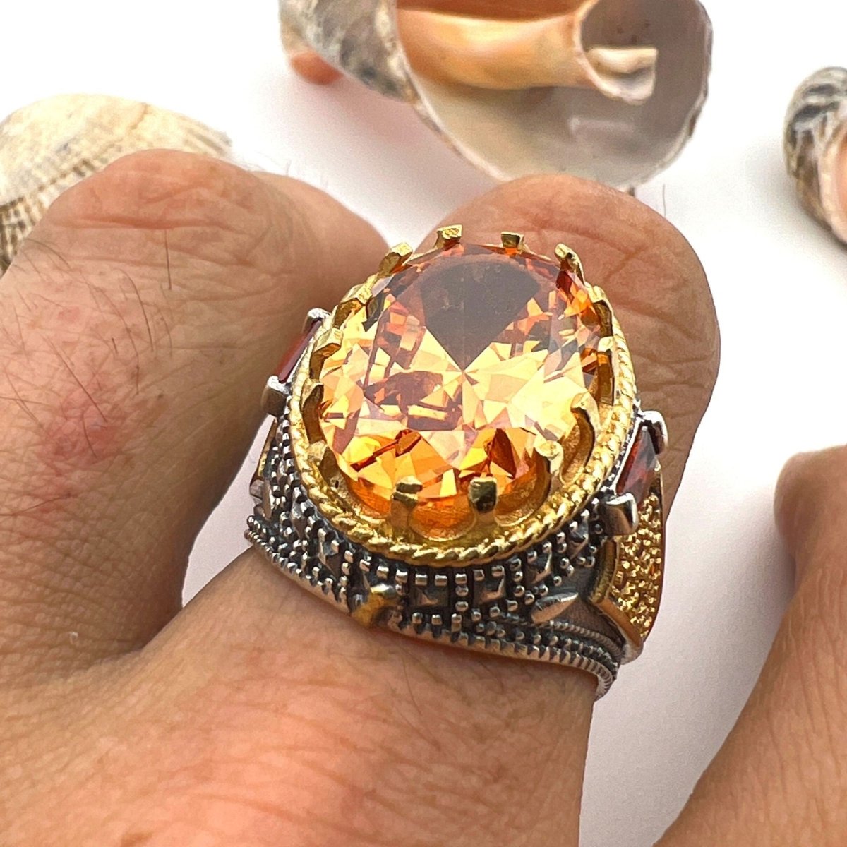 Men's Champagne Citrine Stone Silver Ring - TryAladdin