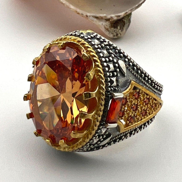 Men's Champagne Citrine Stone Silver Ring - TryAladdin