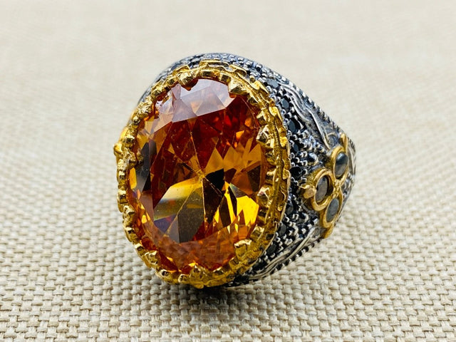 Men's Citrine Stone 925 Sterling Silver Ring - TryAladdin