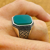 Men's Green Agate Gemstone Silver Ring - TryAladdin