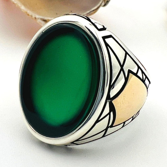 Men's Green Agate Stone Silver Ring - TryAladdin