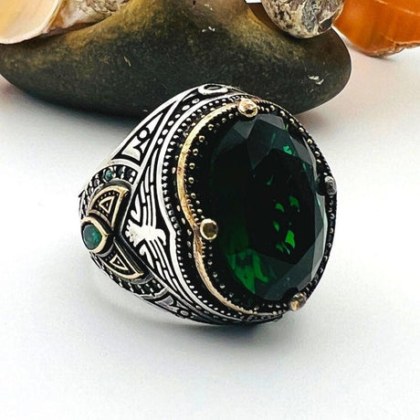 Men's Green Emerald Oval Stone Silver Ring - TryAladdin