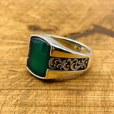 Men's Handmade Green Agate Silver Ring - TryAladdin