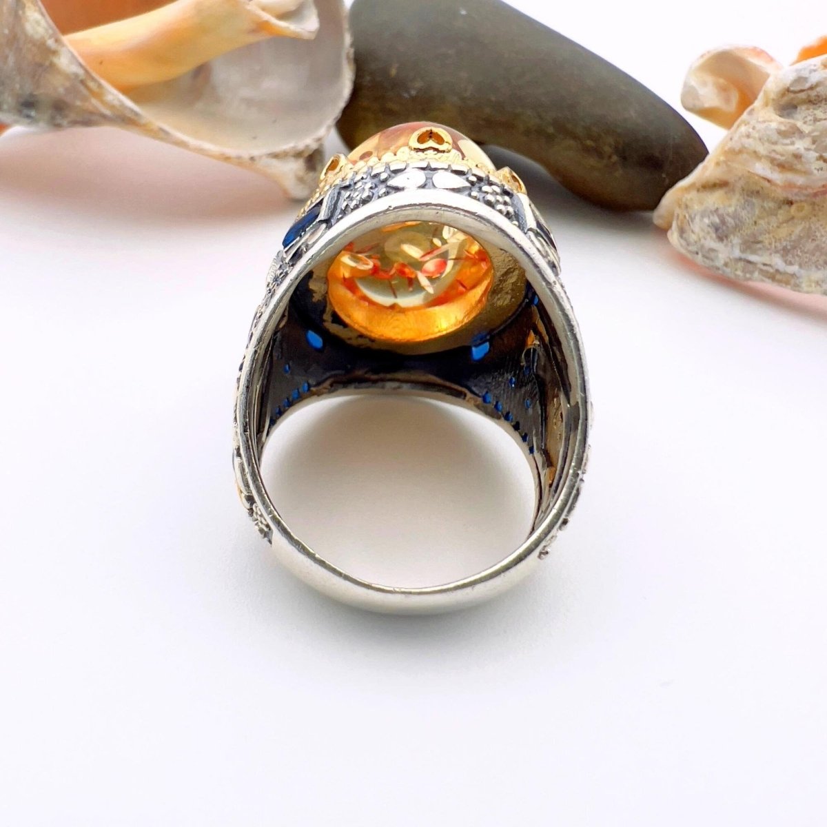 Men's Orange Amber Silver Ring - TryAladdin