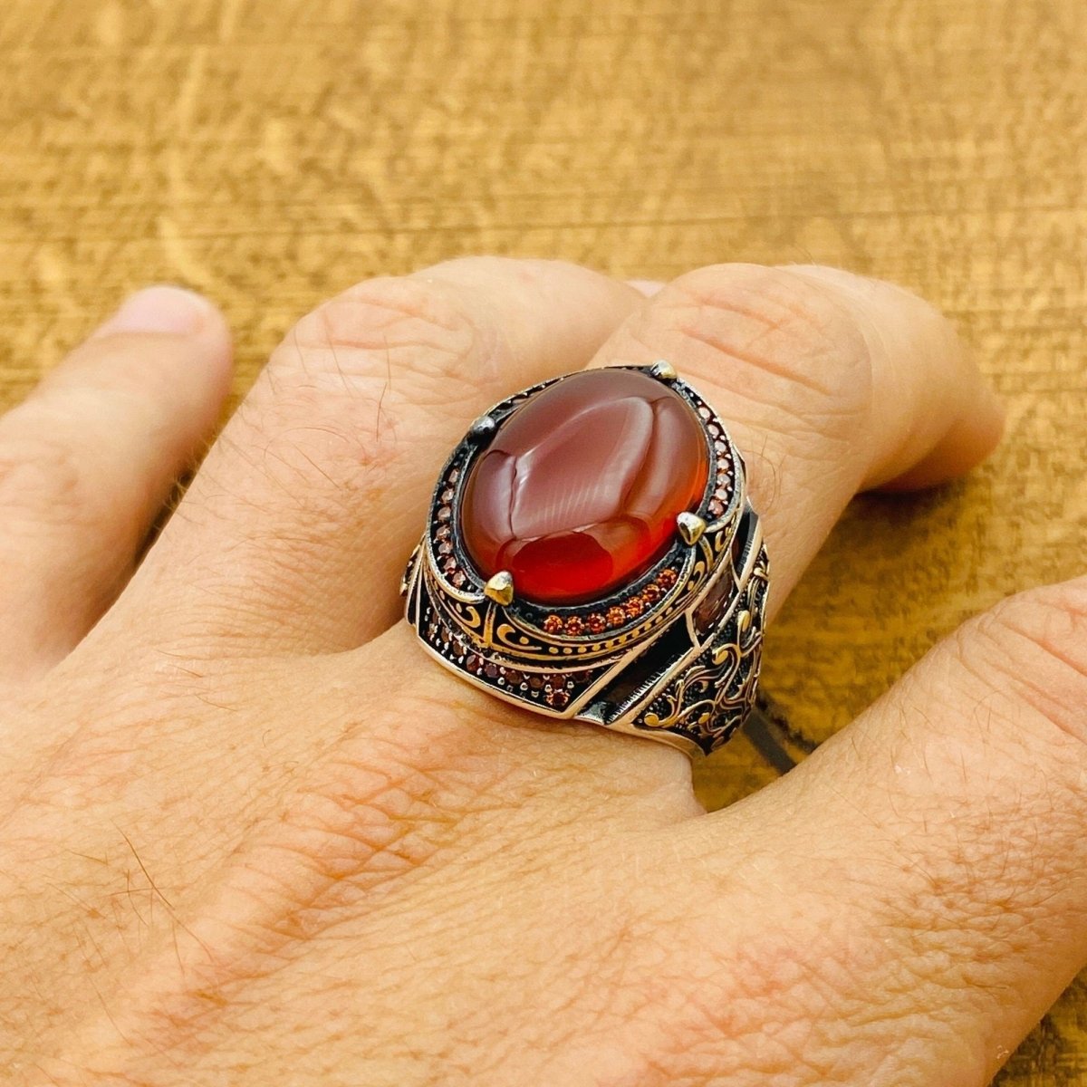 Men's Red Agate Silver Ring - TryAladdin