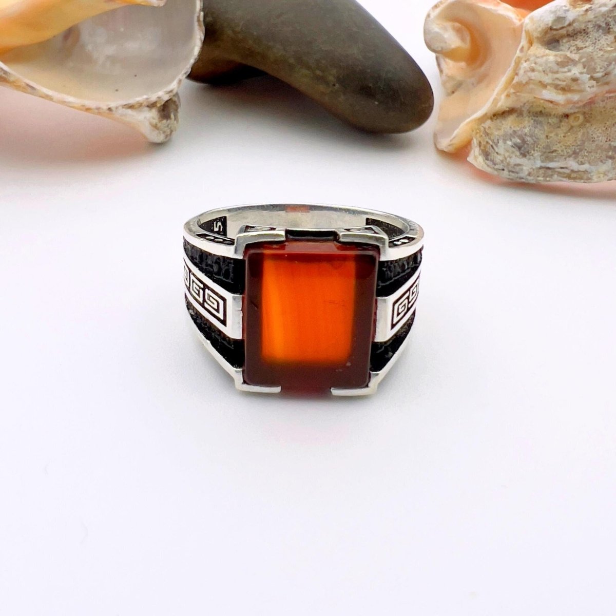 Men's Red Agate Stone Silver Ring - TryAladdin