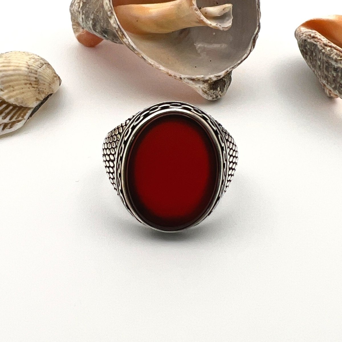 Men's Red Agate Stone Silver Ring - TryAladdin