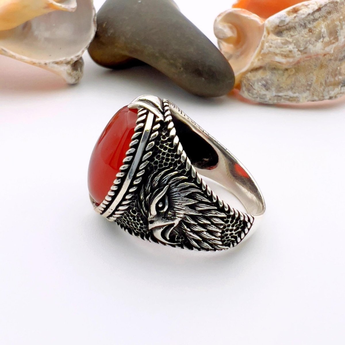 Men's Red Agate Stone Silver Ring - TryAladdin