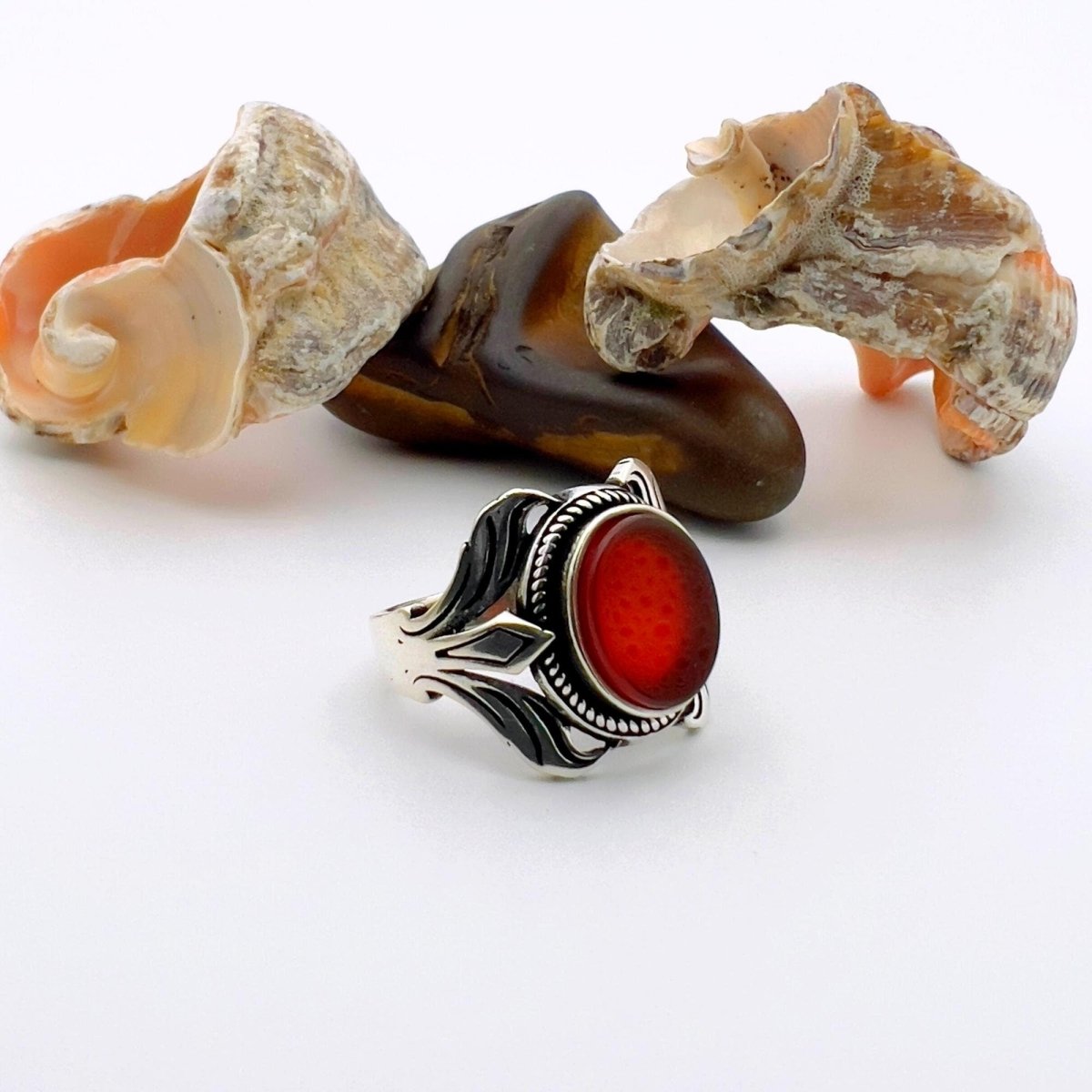 Men's Red Agate Stone Silver Ring - TryAladdin