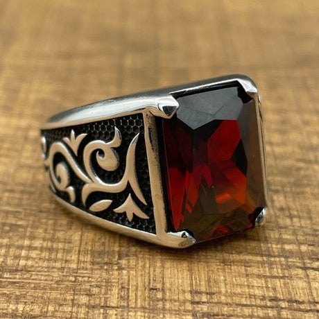 Men's Red Ruby Stone Silver Ring - TryAladdin