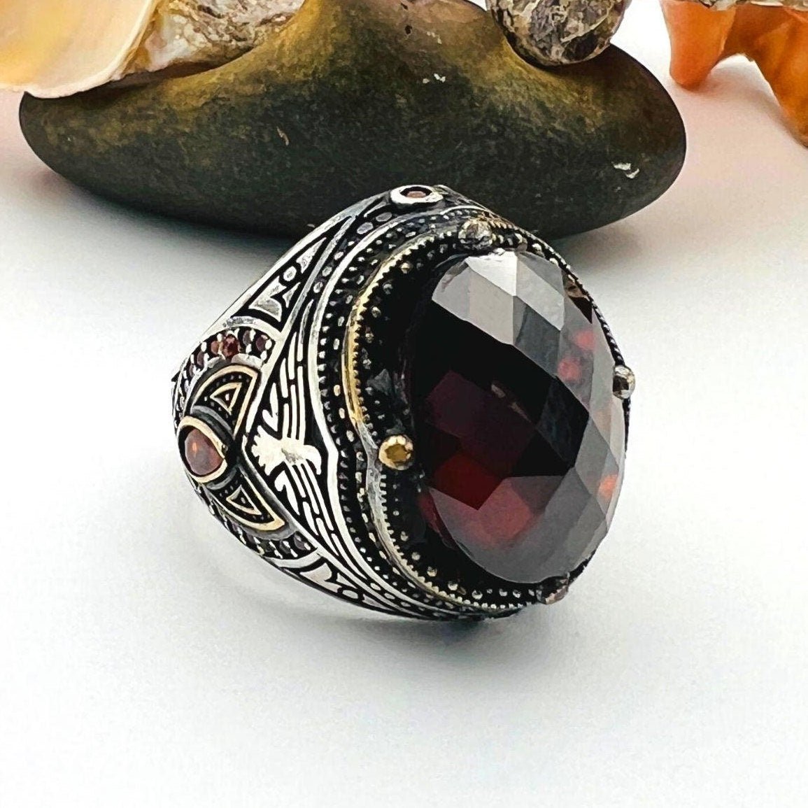 Men's Red Zircon Oval Stone Silver Ring - TryAladdin