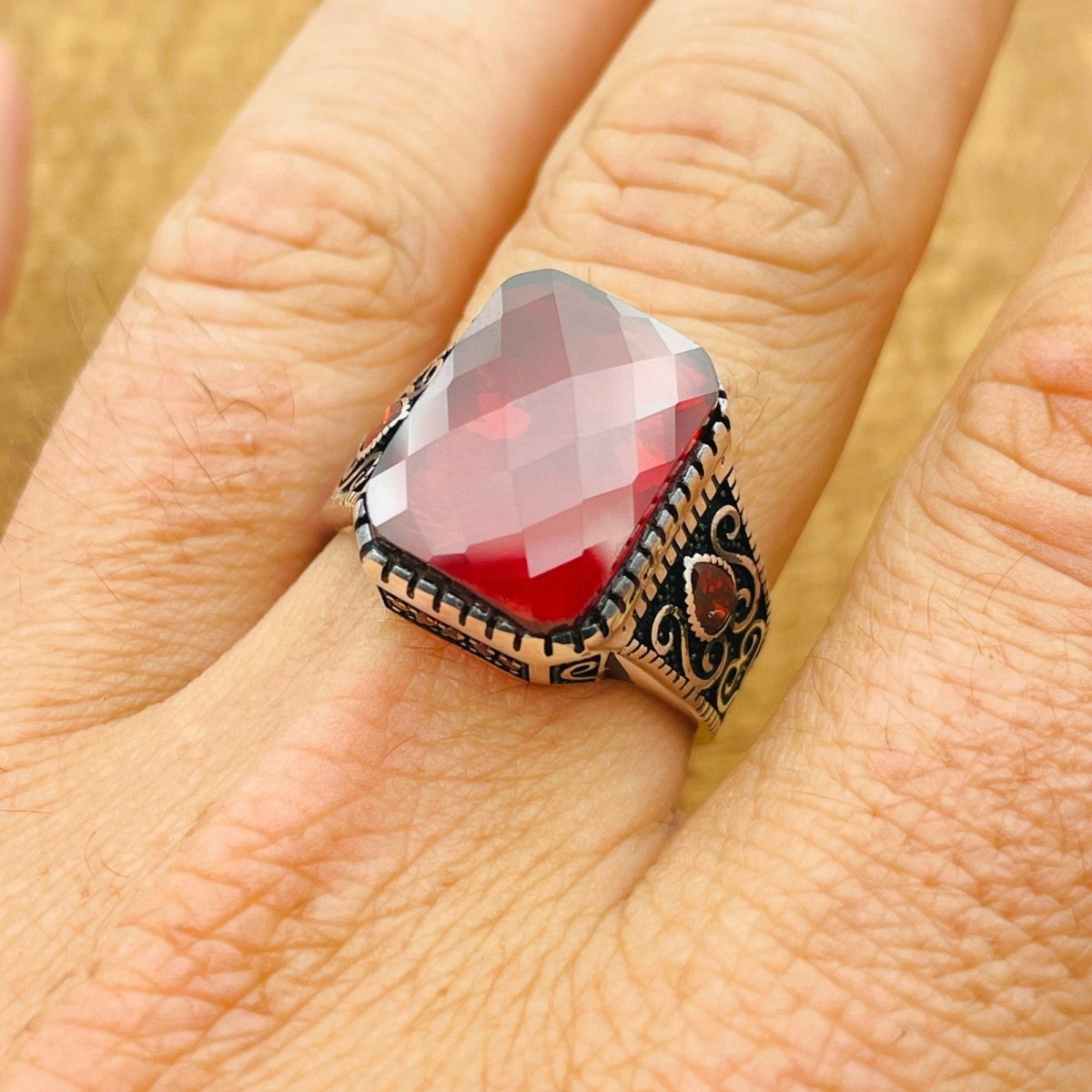 Men's Red Zircon Silver Ring - TryAladdin