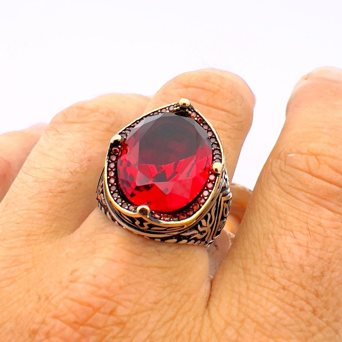 Men's Ruby Oval Stone Silver Ring - TryAladdin