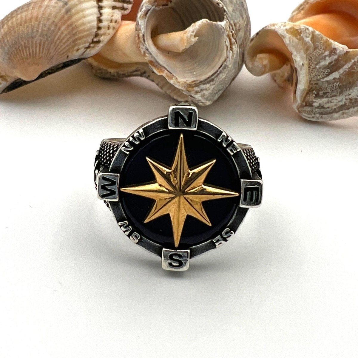 Men's Silver Agate Stone Compass Ring - TryAladdin