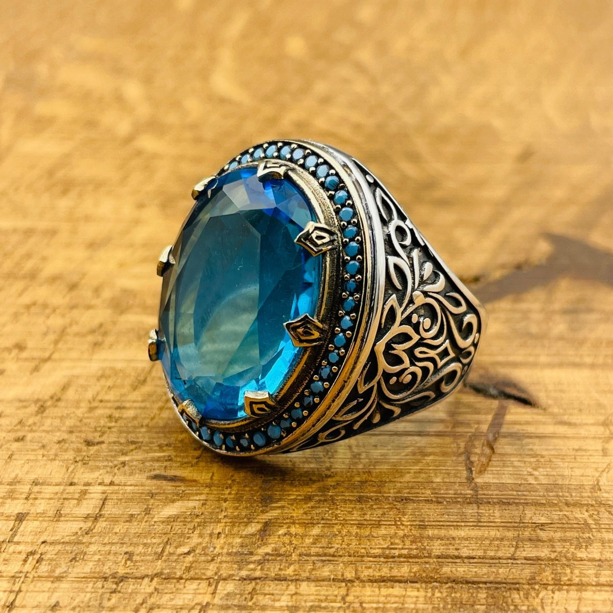 Men's Silver Ring with Blue Aquamarine Stone - TryAladdin