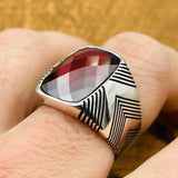 Men's Silver Ring with Red Zircon Stone - TryAladdin