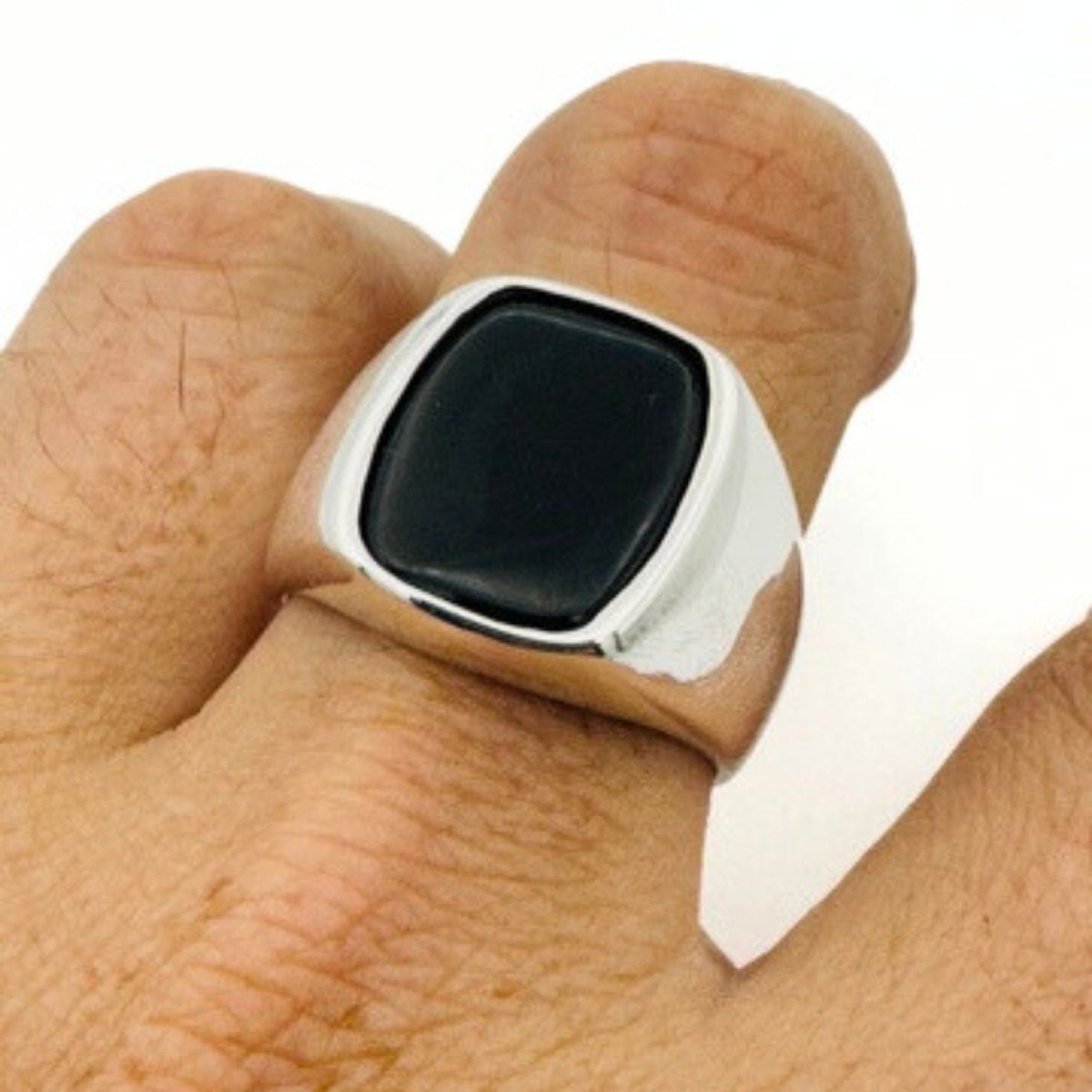 Men's Square Natural Black Onyx Silver Ring - TryAladdin