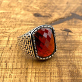 Men's Square Red Zircon Stone Silver Ring - TryAladdin