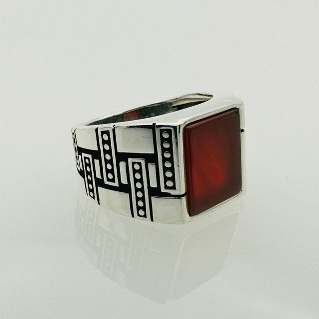 Men's Sterling Silver Red Agate Stone Ring - TryAladdin