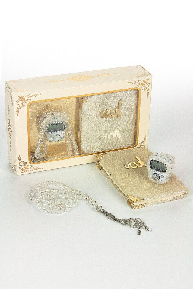 Mini Yasin, Crystal Stone Prayer Bead and Stone Designed Dhikrmatic Gift Set. Cream Color - TryAladdin