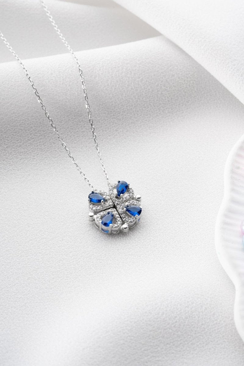 Nereze | Magnetized Detachable Rhodium Blue Zirconia Clover Necklace with 4 Hearts - TryAladdin