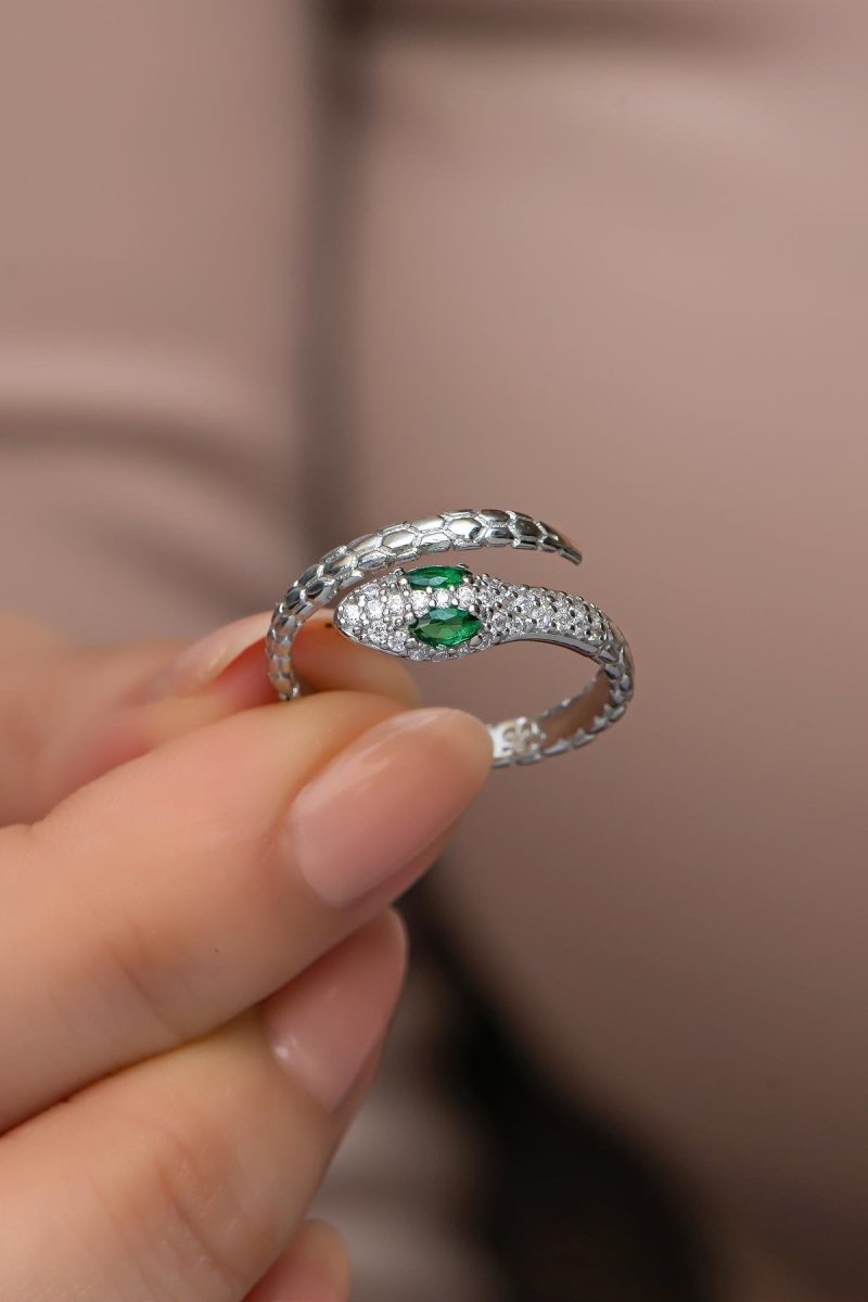 Nereze | Rhodium Plated Zircon Stone Snake Design Adjustable Size Ring - TryAladdin