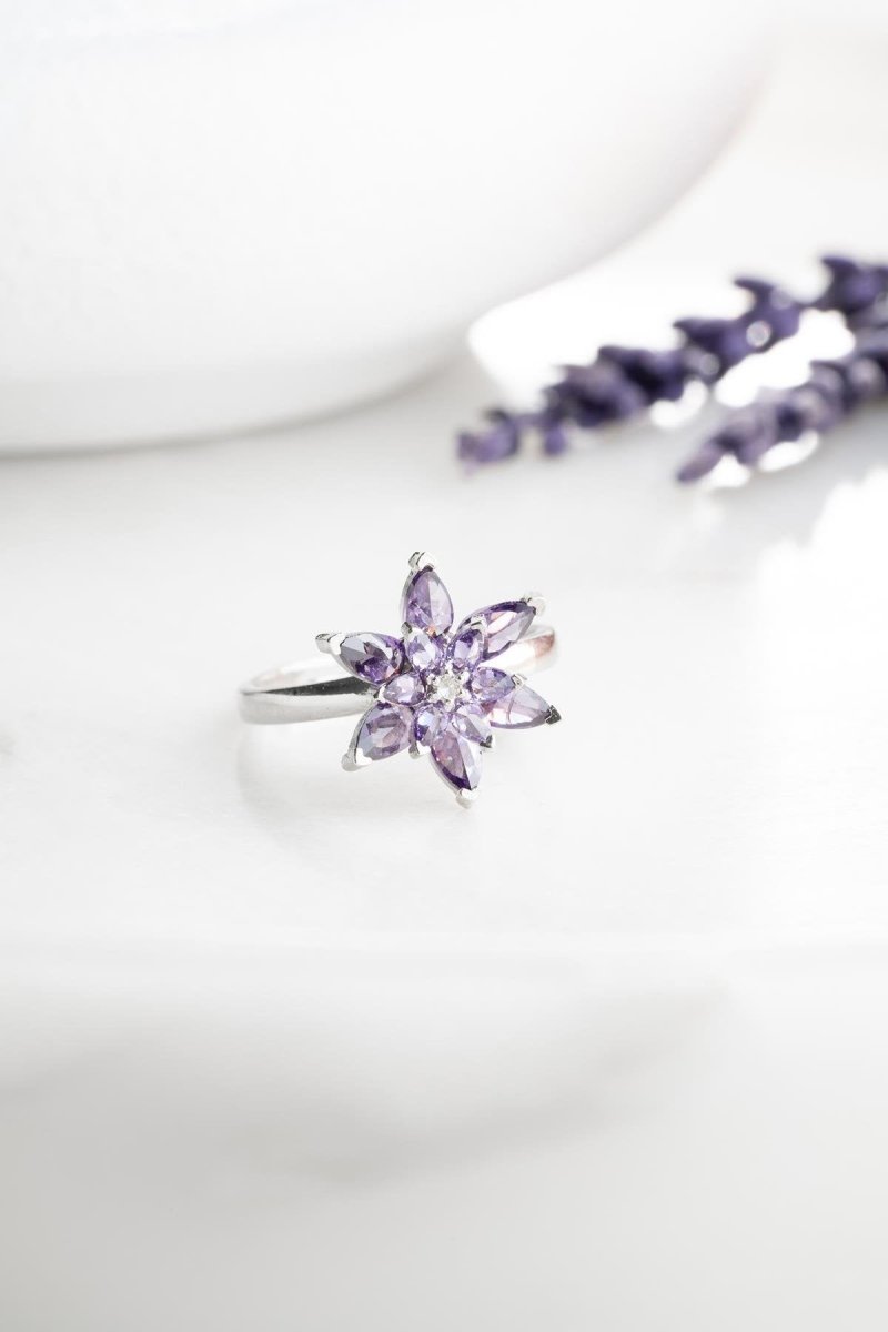 Nereze | Rhodium Purple Stone Lotus Flower Adjustable Size Ring - TryAladdin